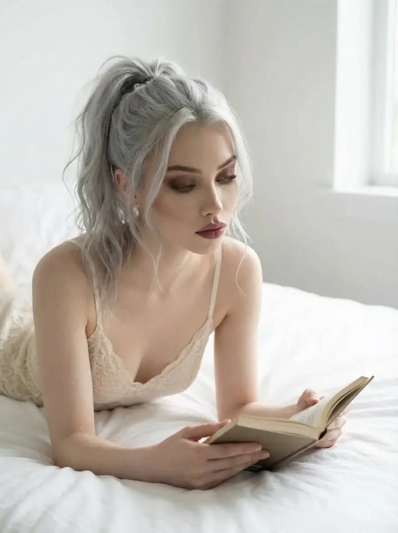 Preview of Editorial Portrait of Woman Reading on White Bed