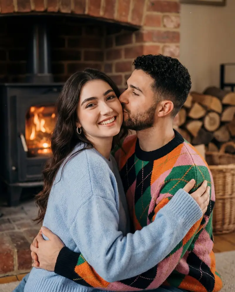 Preview of Cozy Nostalgic Couple Portrait by Fireplace