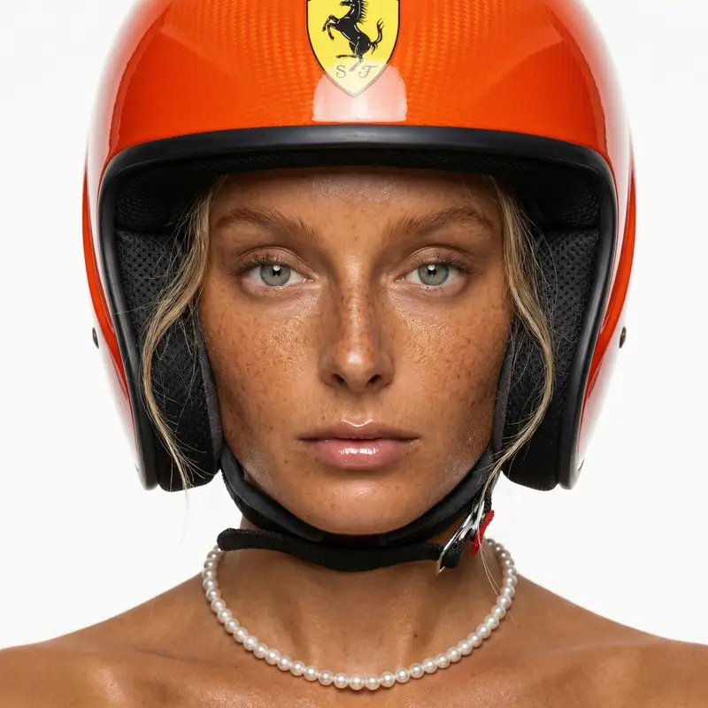 Preview of F1 Heiress Editorial Portrait with Racing Helmet and Pearls