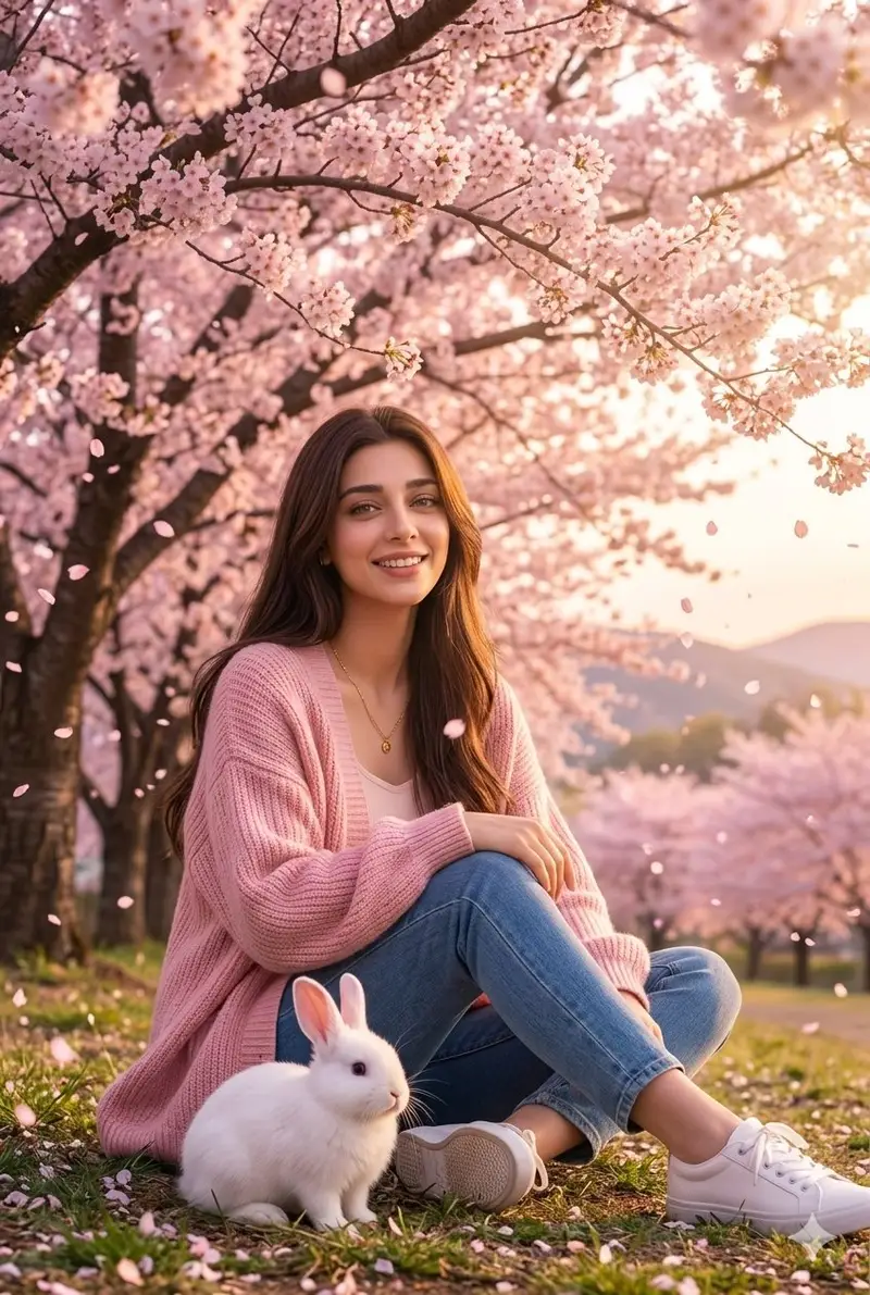Preview of زن و خرگوش در باغ شکوفه‌های گیلاس