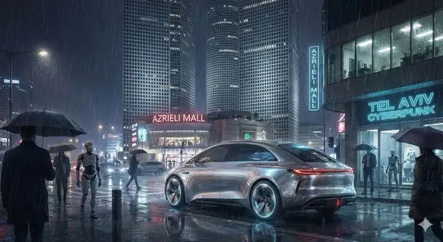 Preview of Futuristic Car in Rainy City