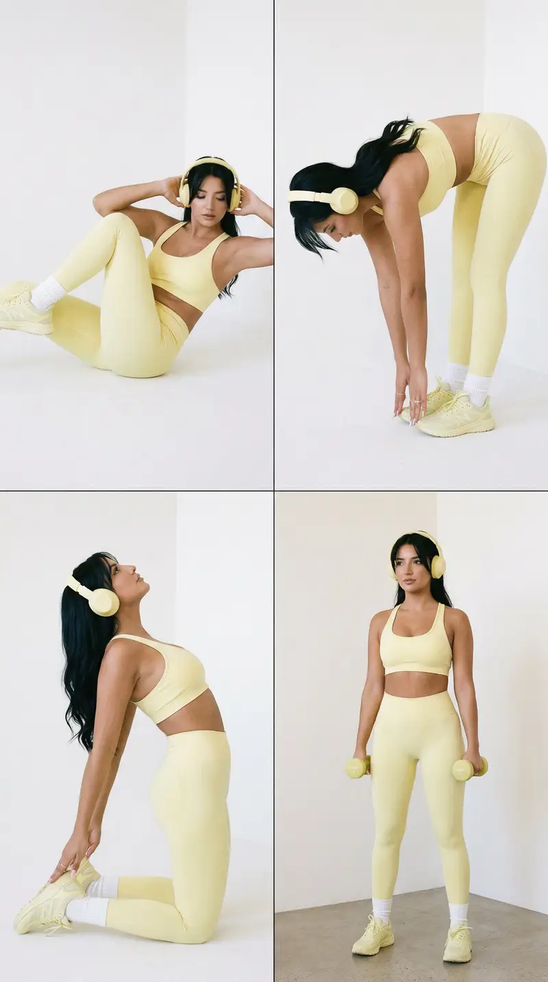 پیش‌نمایش Nano Banana Pro Fitness Editorial Grid Prompt (Yellow Activewear, Identity Locked)