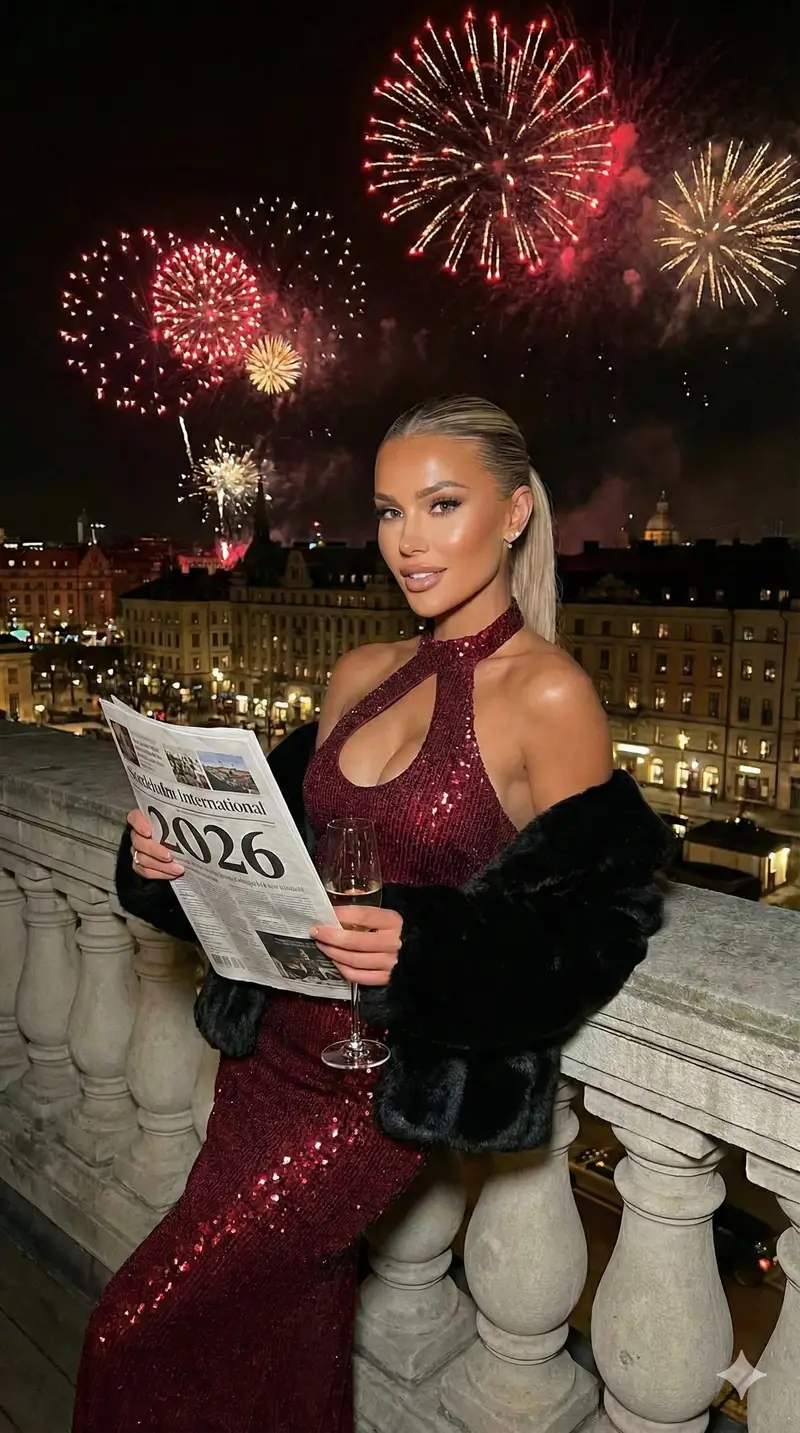 پیش‌نمایش Glamorous Nighttime Balcony Portrait with Fireworks