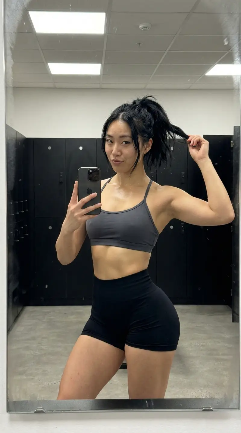 Preview of Gym Mirror Selfie with Post-Workout Glow (iPhone Style)
