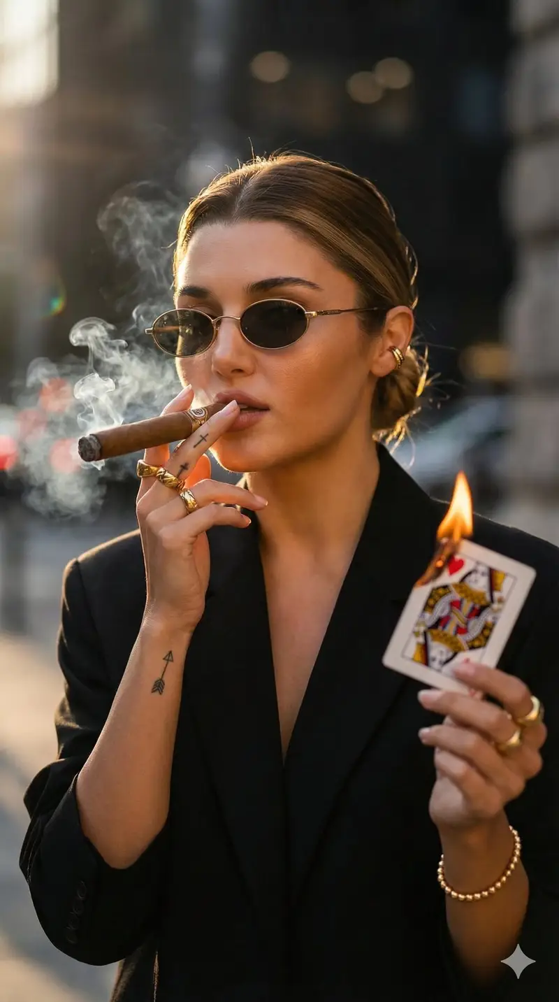 Preview of Edgy Fashion Portrait with Cigar and Playing Card Prompt (Urdu/Hindi)