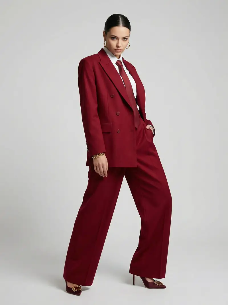 Preview of JSON Prompt for High-Fashion Editorial Portrait in Crimson Suit