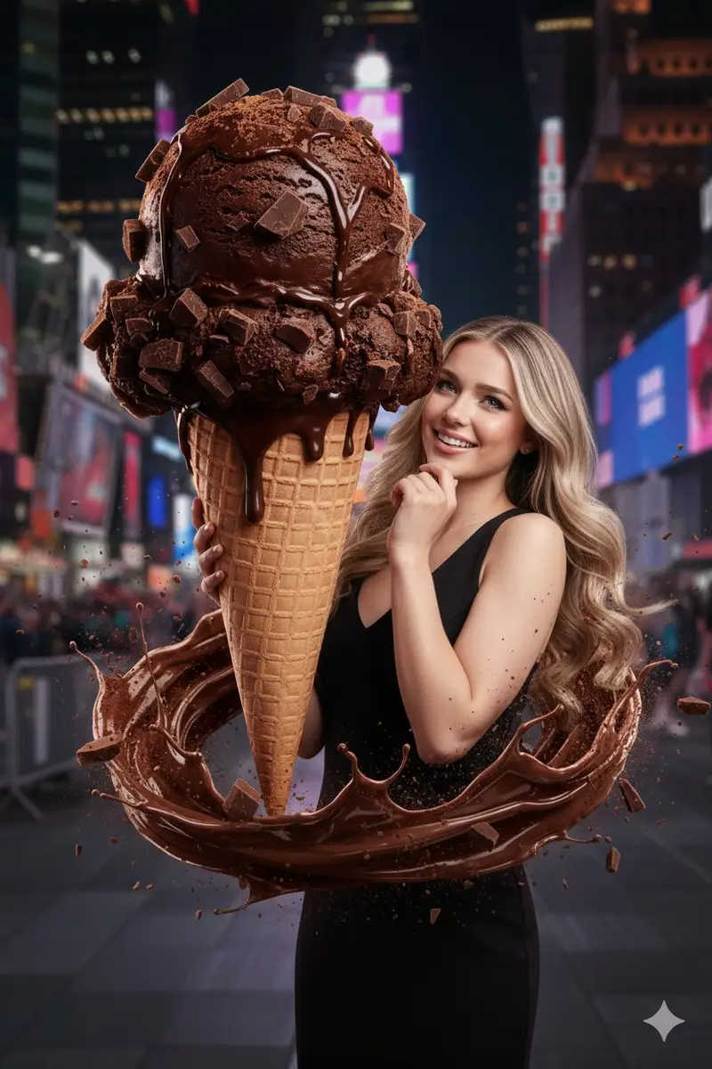 Preview of Hyperrealistic Chocolate Ice Cream Commercial Prompt
