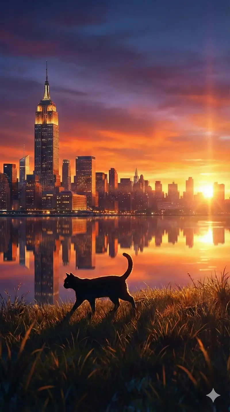 Preview of Fantasy Sunset Landscape with Black Cat Silhouette and City Reflection