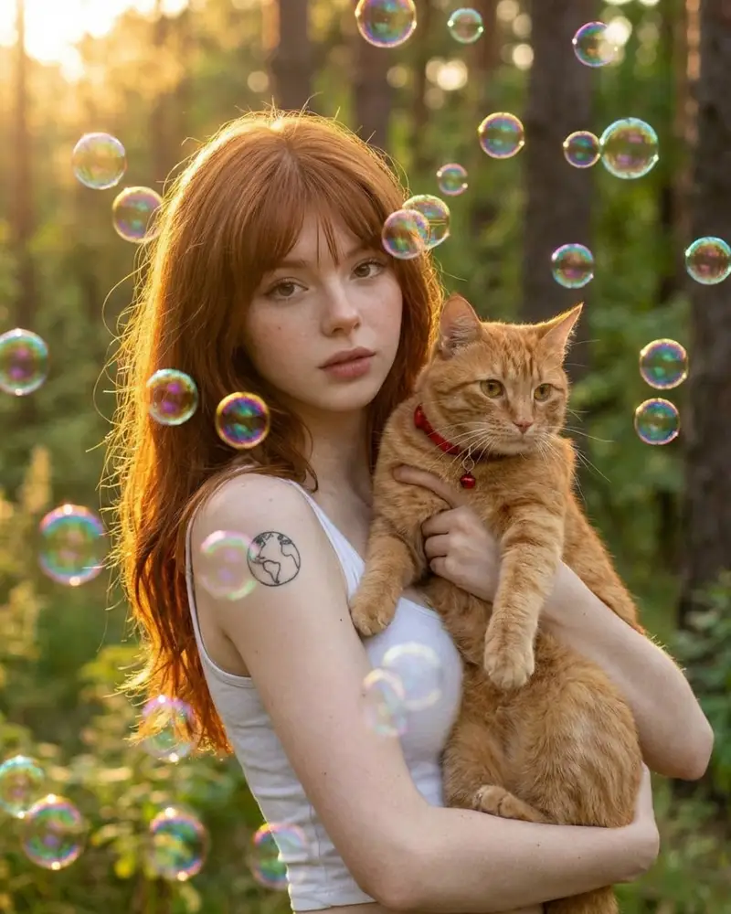 پیش‌نمایش Dreamy Golden Hour Portrait with Cat and Soap Bubbles