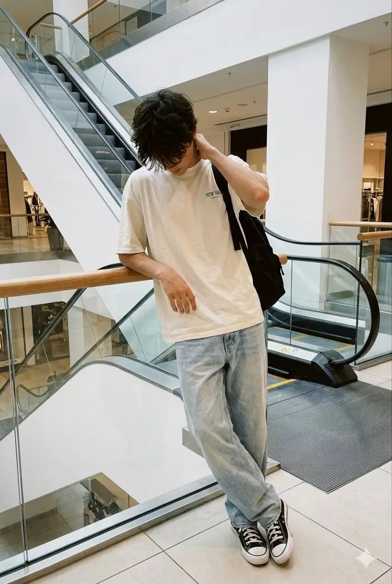 پیش‌نمایش Realistic candid smartphone photo of a subject standing by an escalator in a mall