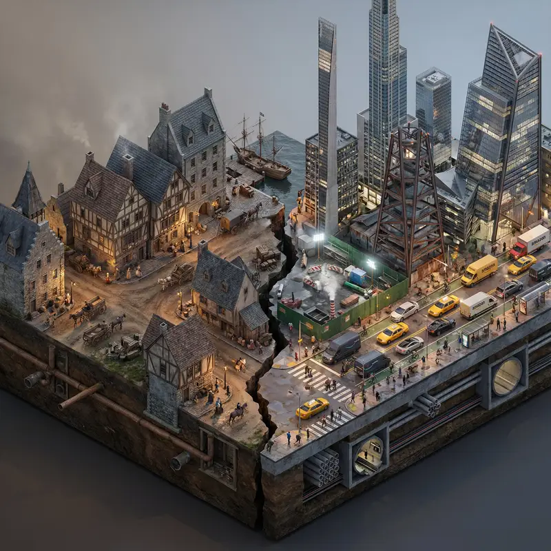 پیش‌نمایش Split-Era Urban Diorama Generation Prompt for Nano Banana Pro