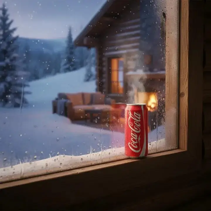 Preview of Winter Cabin Scene with Frosted Window and Coca-Cola Can