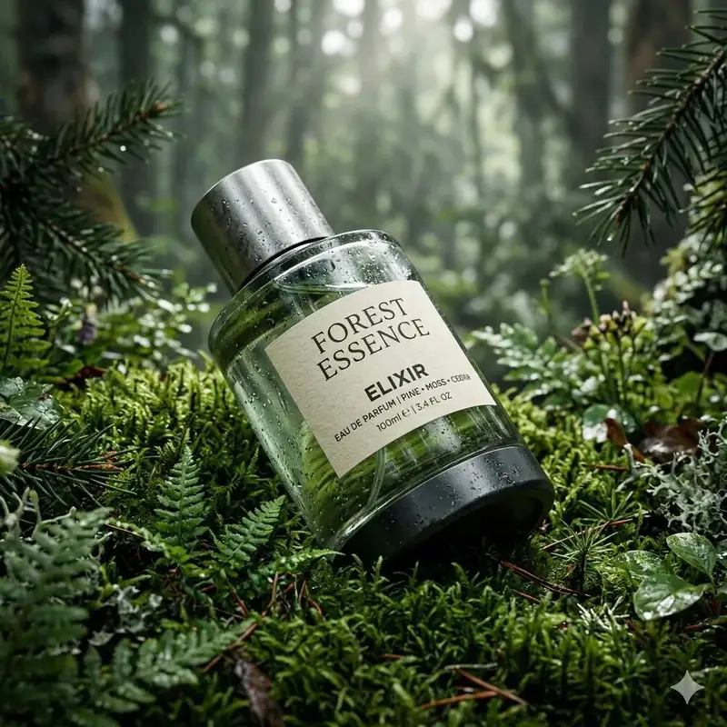 پیش‌نمایش Ultra-Realistic Forest Essence Elixir Perfume Product Shot