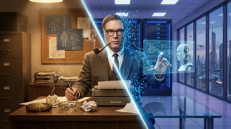 Preview of Asimov Visionary Split-Scene Concept Art Prompt