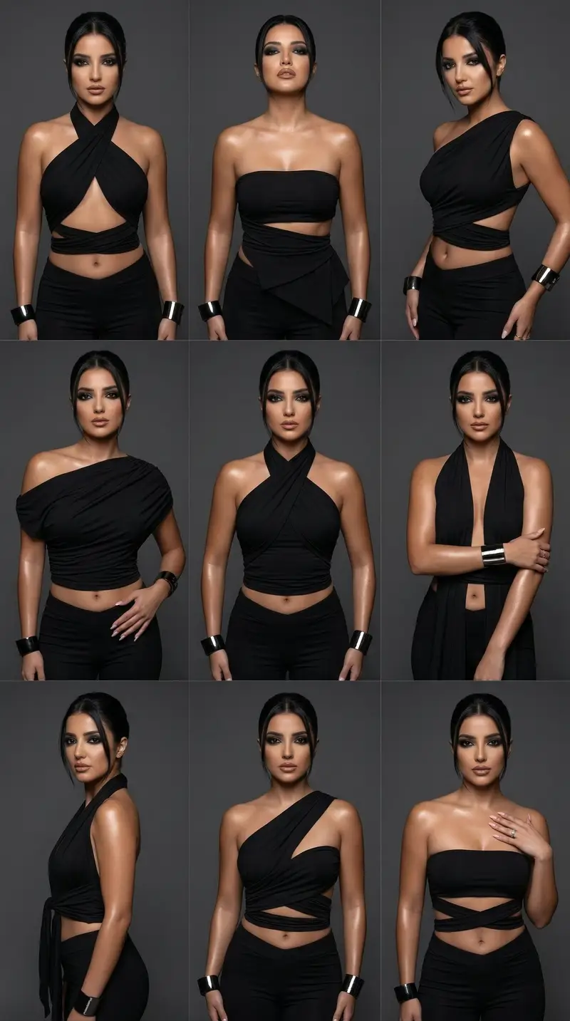 Preview of 9-Panel Fashion Variation Grid Prompt: Black Wrap Tops