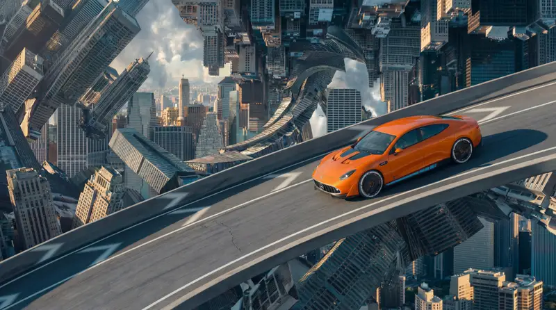 Preview of Inverted Cityscape Car Chase Prompt for Nano Banana Pro