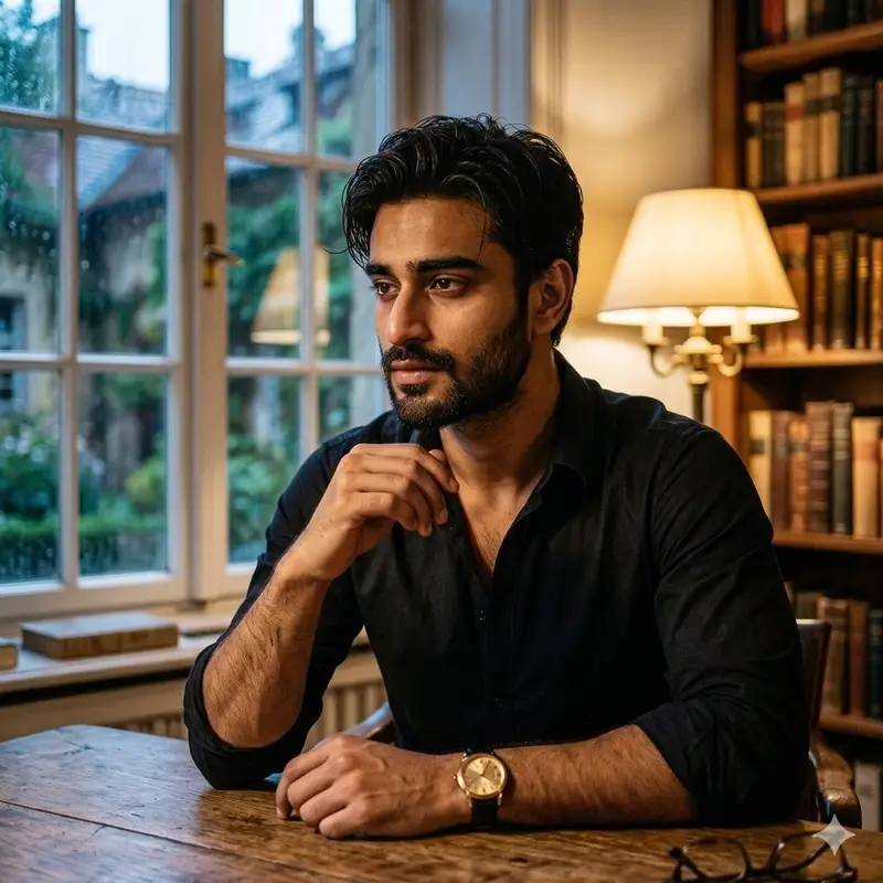 Preview of Cinematic Chiaroscuro Portrait of a South Asian Man in a Library