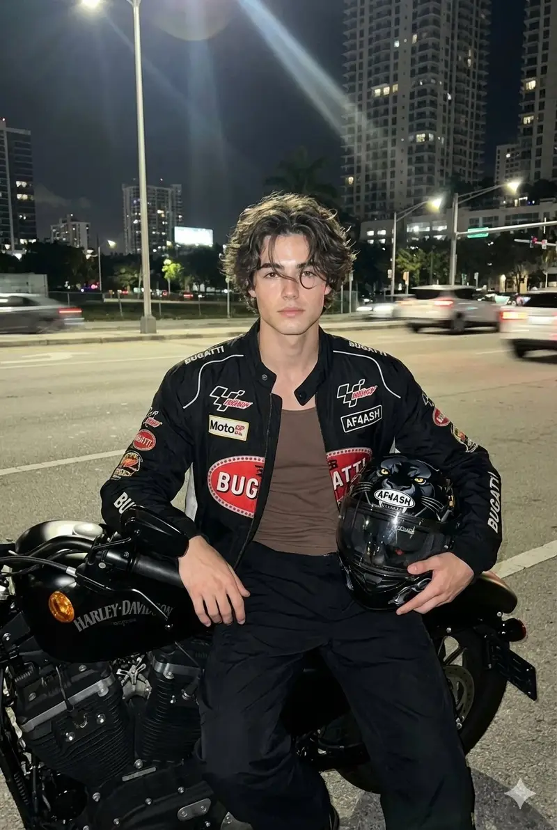 Preview of Nighttime Motorcycle Photo with Face Replacement Prompt