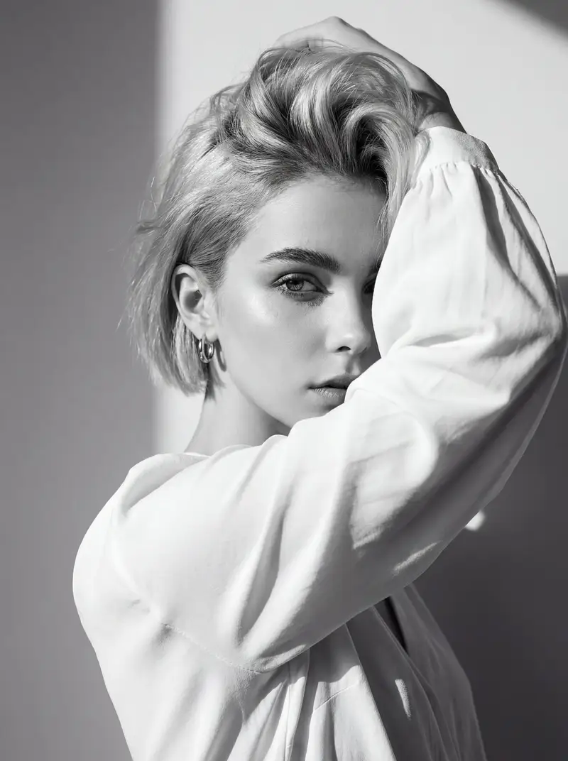 Preview of High-Contrast Black and White Editorial Portrait with Face Reference