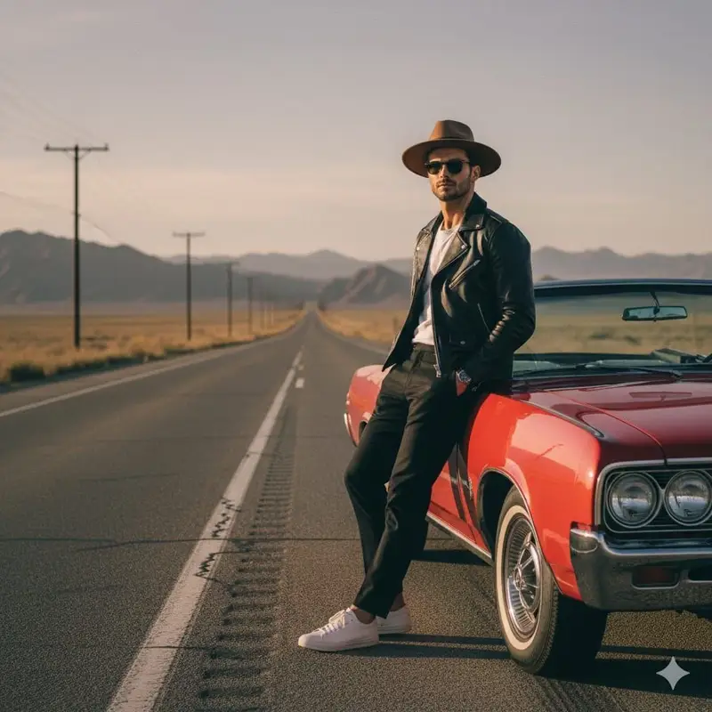Preview of Cinematic Desert Highway Fashion Portrait Prompt