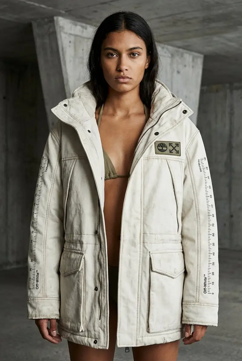 پیش‌نمایش پرامپت ادیتوریال پارکای کوهستانی Off-White × Timberland