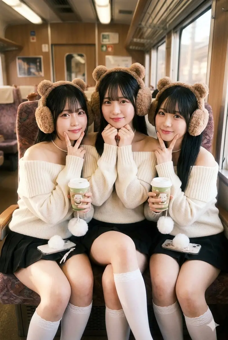 Preview of Kawaii Japanese Triplets on a Train