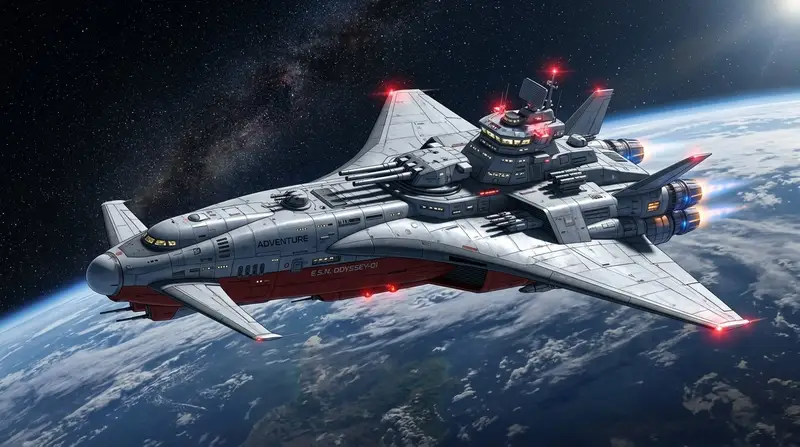 پیش‌نمایش High-Resolution 2.5D Illustration Prompt for Winged Space Battleship