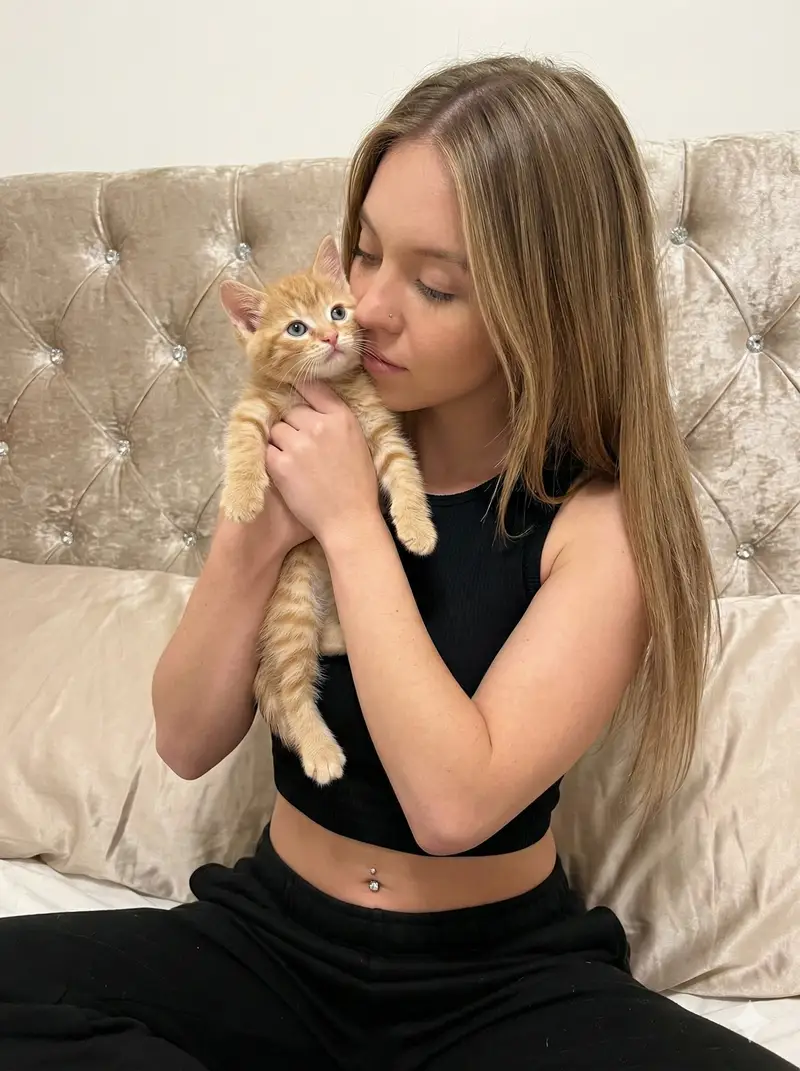 Preview of Photorealistic Portrait of Sydney Sweeney with a Kitten