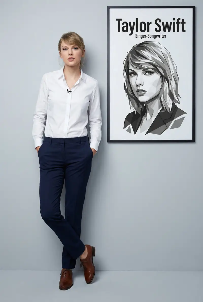 پیش‌نمایش Ultra-realistic full body portrait of Taylor Swift with graphic overlay