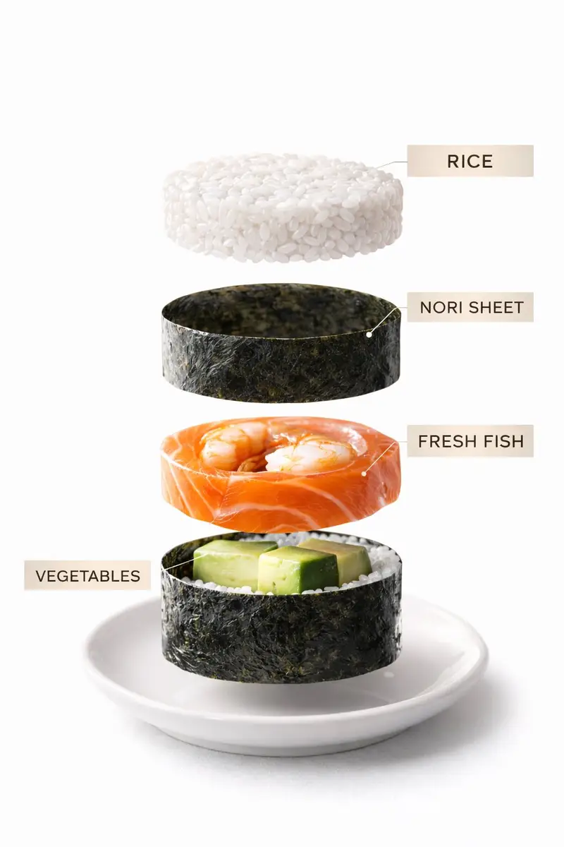 Preview of Sushi Commercial Photography and Exploded Diagram Prompt