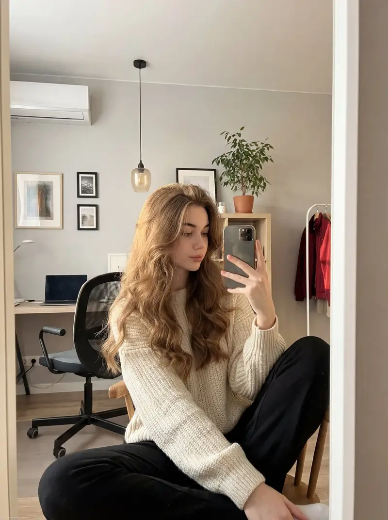 پیش‌نمایش Realistic mirror selfie of a young woman in a cozy cream sweater
