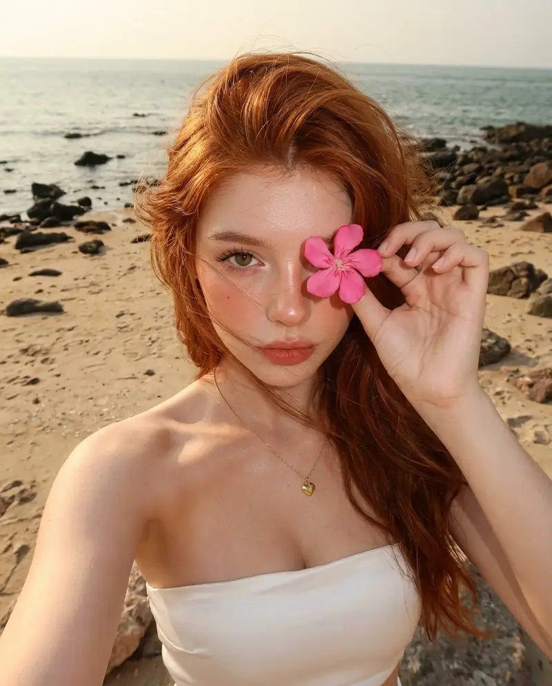Preview of Golden Hour Beach Selfie with Pink Flower