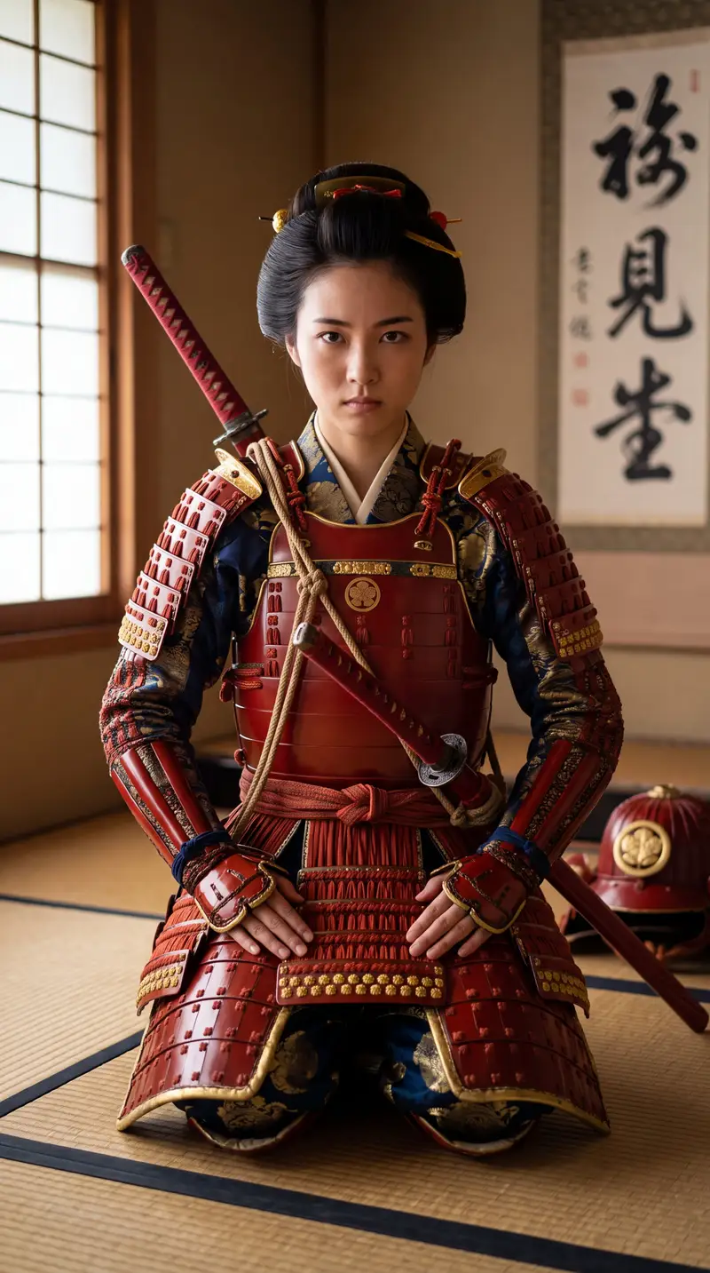 Preview of Japanese Samurai Woman in Red Armor