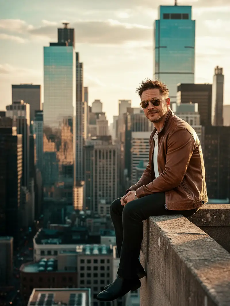 Preview of Cinematic Portrait on a Rooftop Ledge at Golden Hour