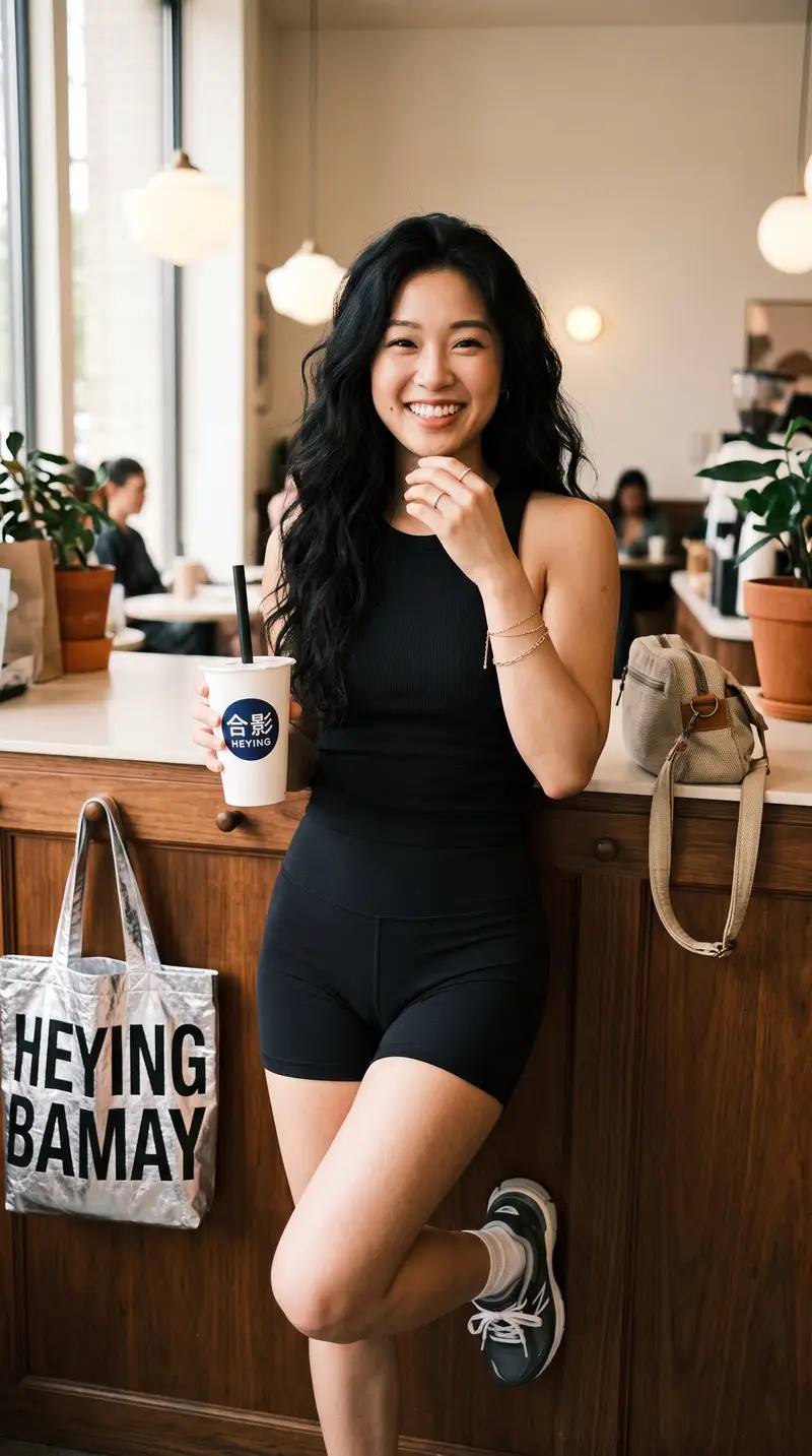 پیش‌نمایش East Asian Woman Bubble Tea Cafe Portrait