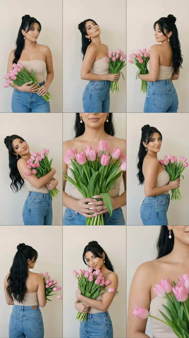 Preview of Editorial Contact Sheet Prompt: Woman with Pink Tulips