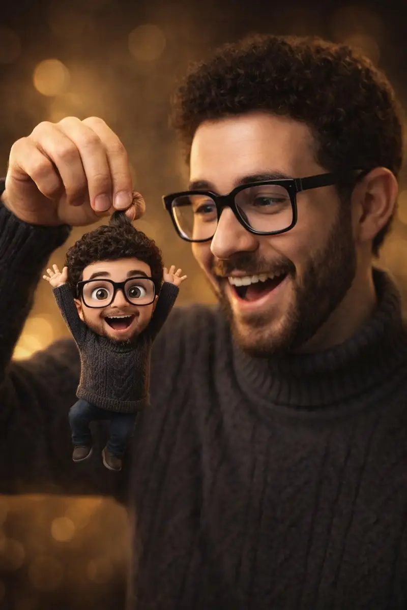Preview of Photorealistic Subject Holding Miniature Cartoon Self