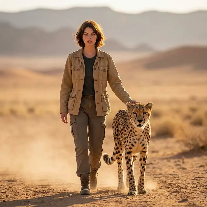 Preview of Golden Hour Desert Photo of Woman and Cheetah