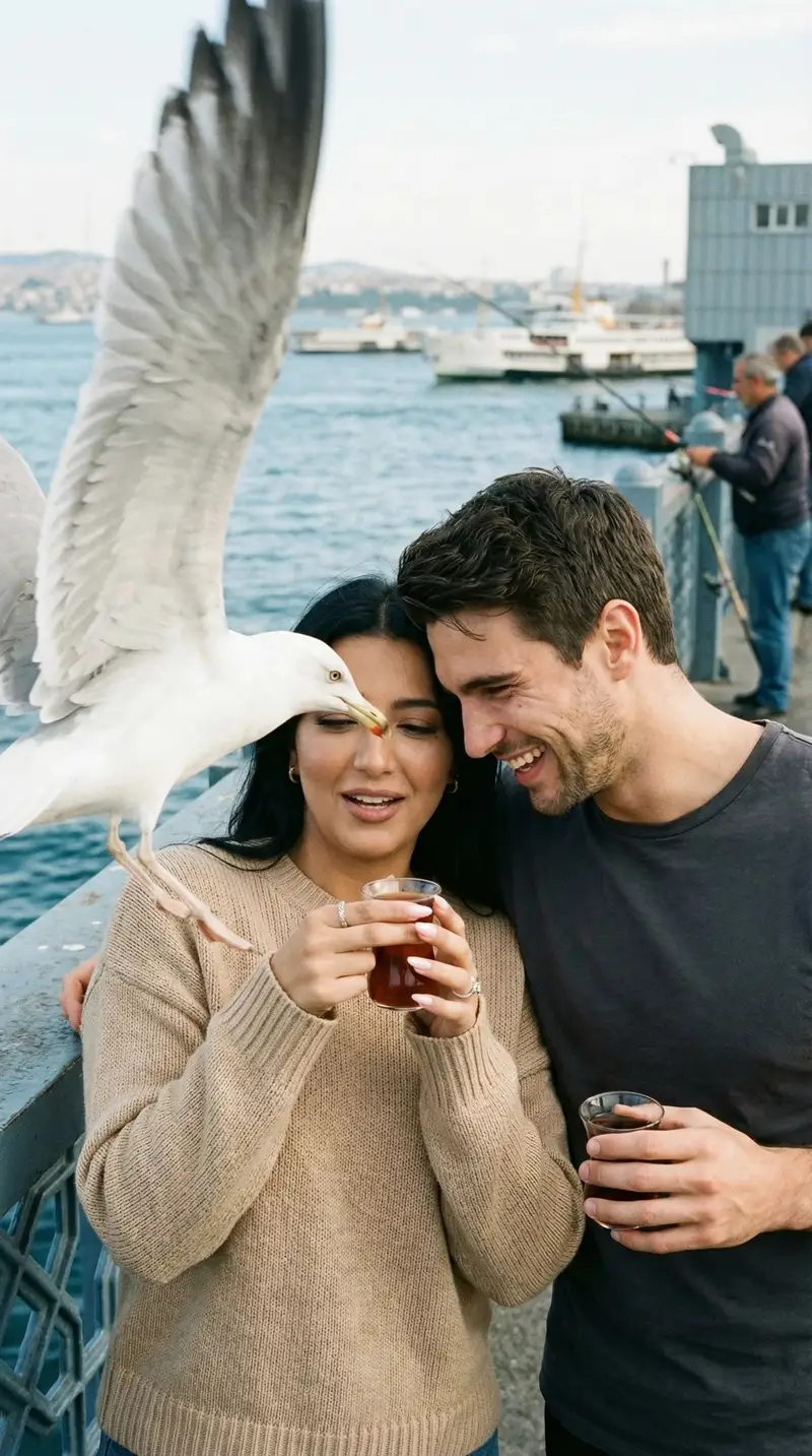 پیش‌نمایش Photorealistic Candid Street Romance Prompt (Galata Bridge)