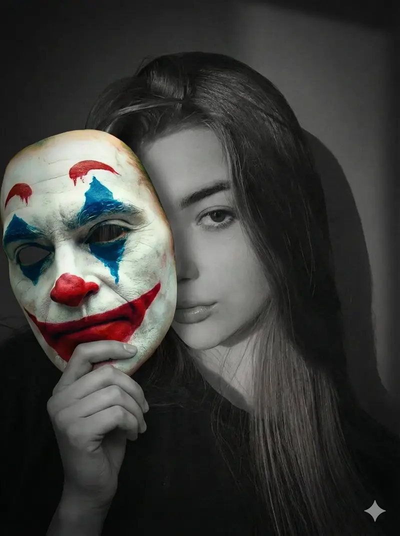 پیش‌نمایش پرامپت پرترهٔ سینمایی: سوژهٔ خاکستری با ماسک رنگی جوکر