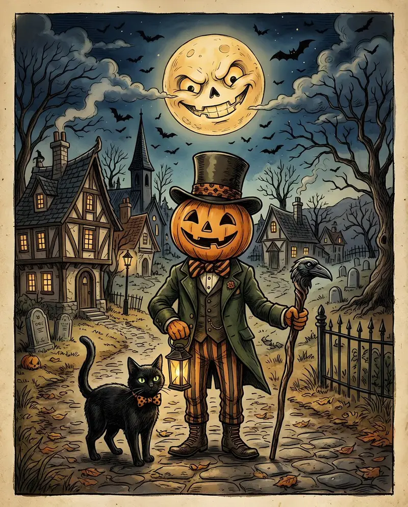 Preview of Vintage Whimsical Halloween Illustration