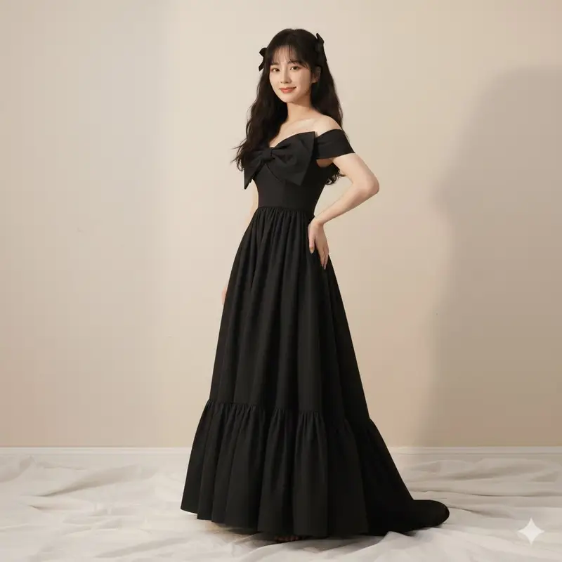 Preview of High-Fashion Editorial of Zhao Lusi in Black Bow Gown