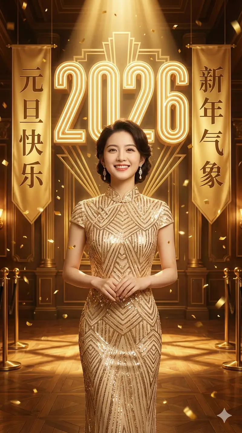 Preview of Golden New Year 2026 Celebration Portrait Prompt