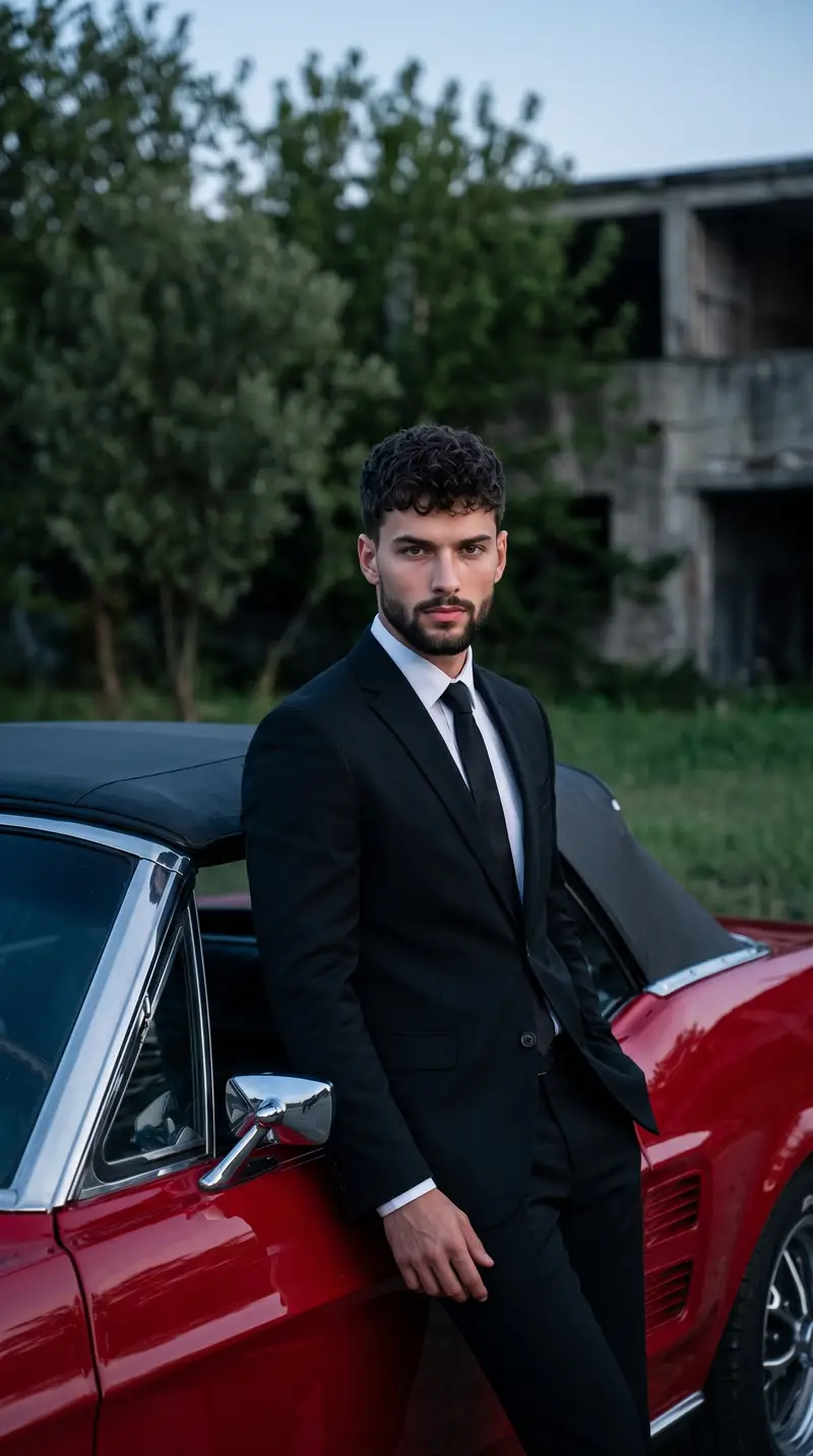 Preview of Man Leaning on Classic Red Muscle Car