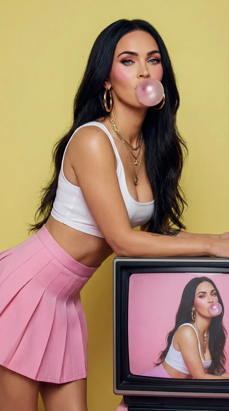 Preview of Fashion Editorial: Woman Blowing Bubblegum on Retro TV