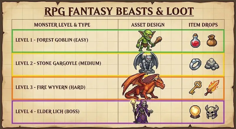 Preview of RPG Game Asset Sheet for Monsters