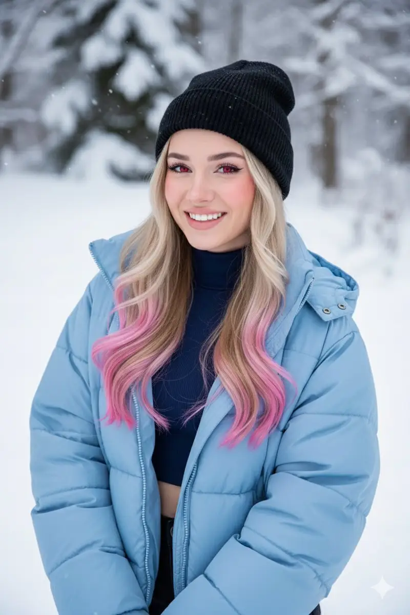Preview of Digital Art Portrait of Girl with Pink-Tipped Hair in Winter