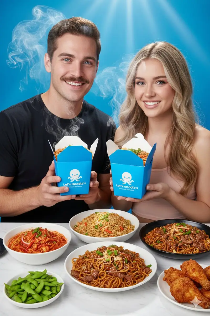 Preview of Vibrant Food Photography with Couple and Noodle Boxes