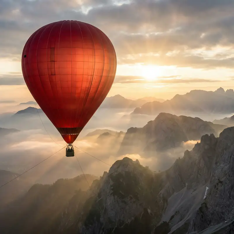 Preview of Giant Red Balloon Above Misty Mountains
