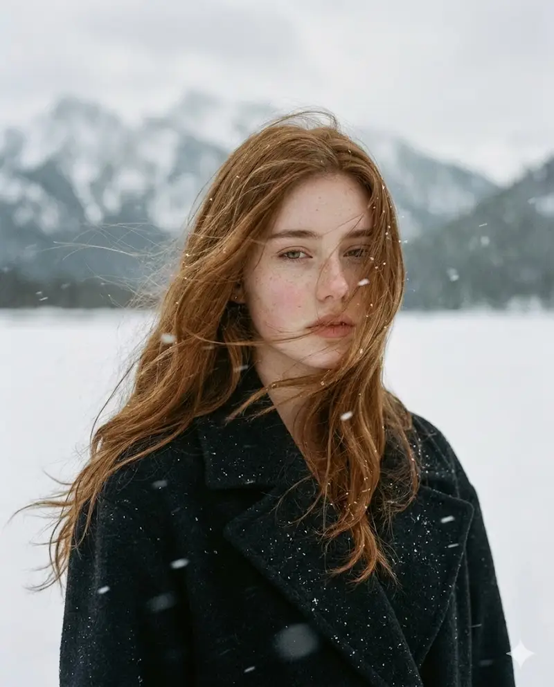 Preview of Poetic Cinematic Portrait in Snowy Landscape